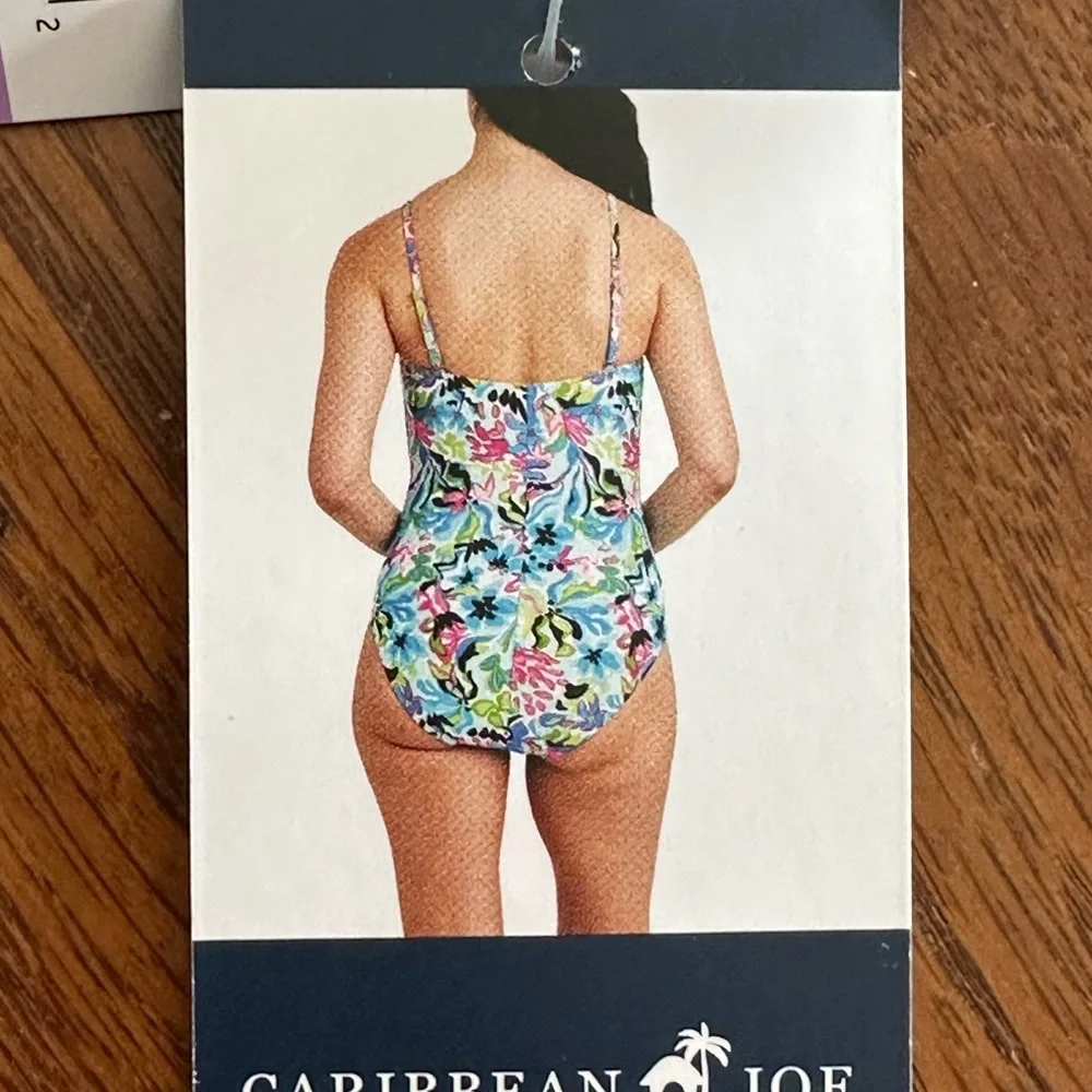 Caribbean Joe tiered bandeau 1 piece swimsuit removable straps floral Small NWT